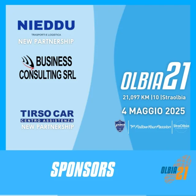 🎽 In cammino verso il 4 maggio… con chi ha scelto di credere in Olbia21!

Concludiamo con presentarvi i nostri partner, che hanno deciso di condividere la visione e gli obiettivi della Olbia21.
La loro presenza è fondamentale per costruire un evento che non sia solo sportivo, ma anche sostenibile, inclusivo e radicato nel territorio.

🌱 Insieme promuoviamo: • la sostenibilità ambientale e sociale
• la valorizzazione dell’economia locale
• il benessere psico-fisico attraverso la corsa su strada e lo sport all’aria aperta

🔹 NIEDDU TRASPORTI
Da oltre 30 anni al servizio del trasporto merci in tutta Italia, con puntualità, sicurezza e soluzioni logistiche flessibili. Professionalità al servizio del movimento.

🔹 TIRSO CAR S.R.L.
Specialisti nella manutenzione di veicoli industriali e cava cantiere. Dal 1974, un punto di riferimento per qualità e affidabilità nel mondo Iveco in Sardegna.

🔹 BUSINESS CONSULTING S.R.L.
Consulenza e formazione per le imprese. Accompagnano aziende e imprenditori nei percorsi di sviluppo, con strumenti su misura per la crescita.

📆 Olbia21 è il 4 maggio: sarà anche grazie a loro se vivremo una giornata di sport, condivisione e territorio.

#Olbia21 #RoadToOlbia21 #PartnerOlbia21 #Sostenibilità #SportAllAriaAperta #Benessere #CorsaSuStrada #SponsorLocali #RunningCommunity